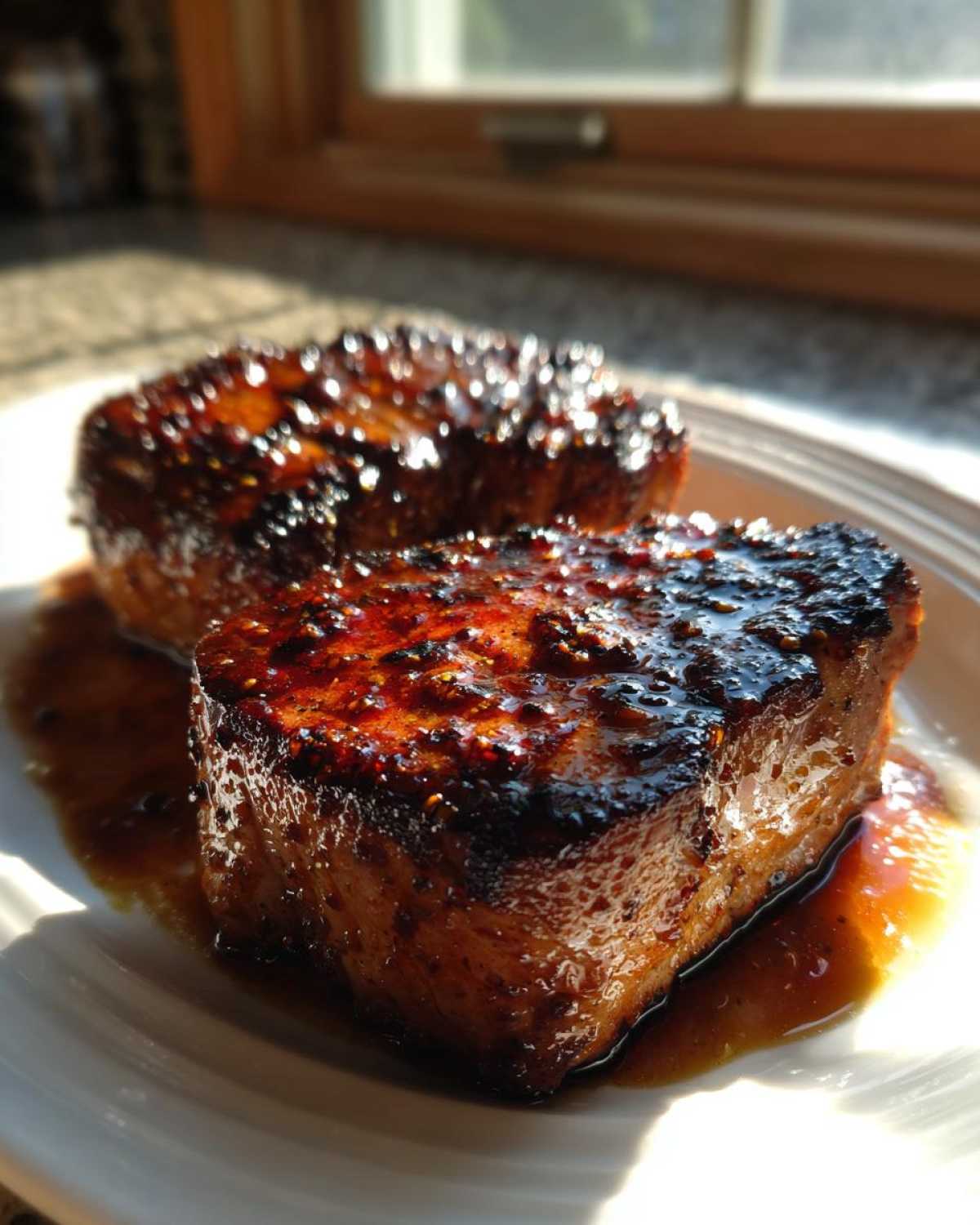 Two thick, glazed pork steak recipe cuts resting in sauce on a white plate, catching sunlight.