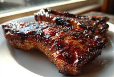 Close-up of two thick, glazed pork steak pieces with a rich, dark, caramelized crust.