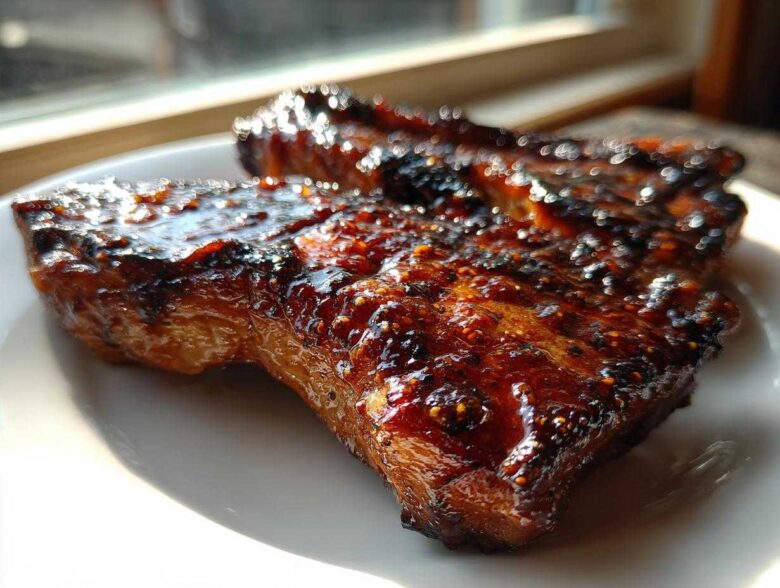 Close-up of two thick, glazed pork steak pieces with a rich, dark, caramelized crust.