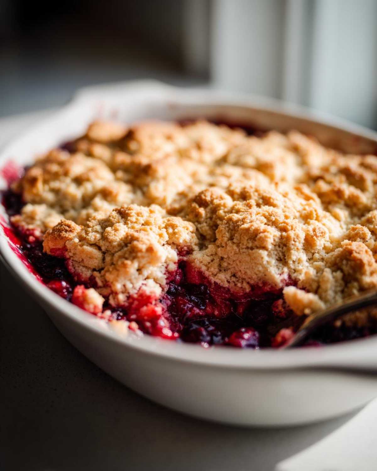 A close-up view of a freshly baked berry cobbler with a golden, crumbly topping and bubbling red fruit filling.