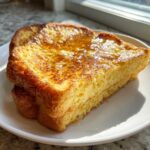 Close-up of a thick, golden slice of easy french toast drizzled with melted butter and syrup on a white plate.
