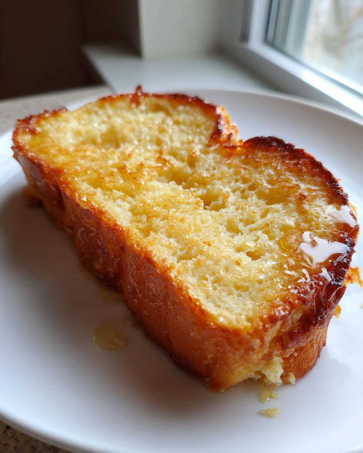 A close-up of a thick slice of golden brown easy french toast drizzled with syrup on a white plate.
