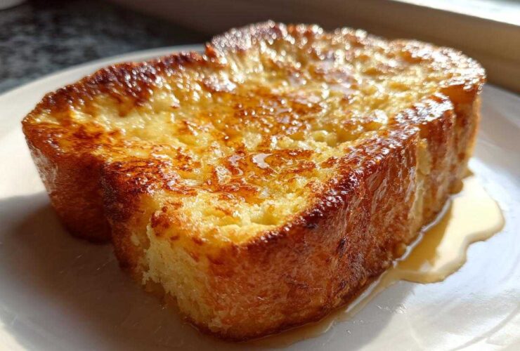Close-up of a thick, golden brown slice of easy french toast glistening with syrup on a white plate.