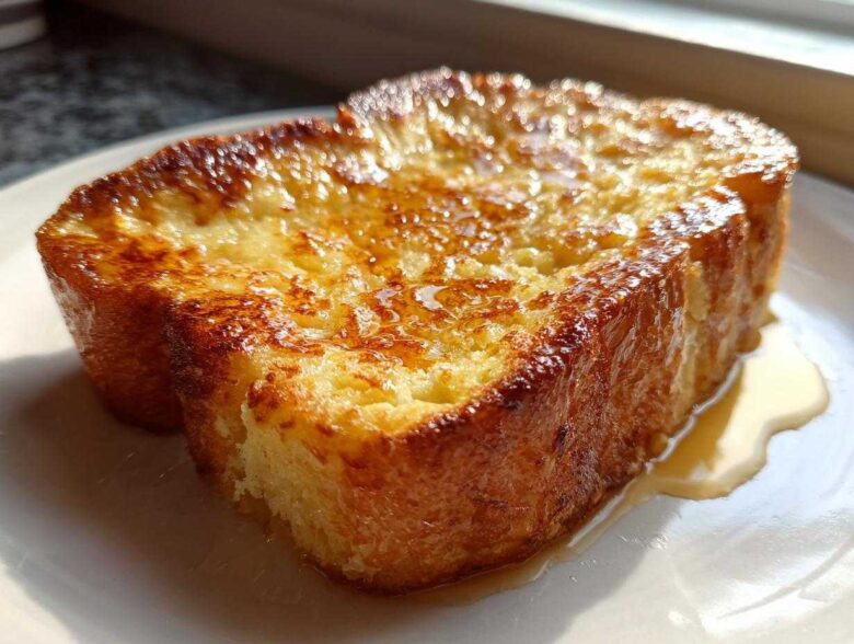 Close-up of a thick, golden brown slice of easy french toast glistening with syrup on a white plate.