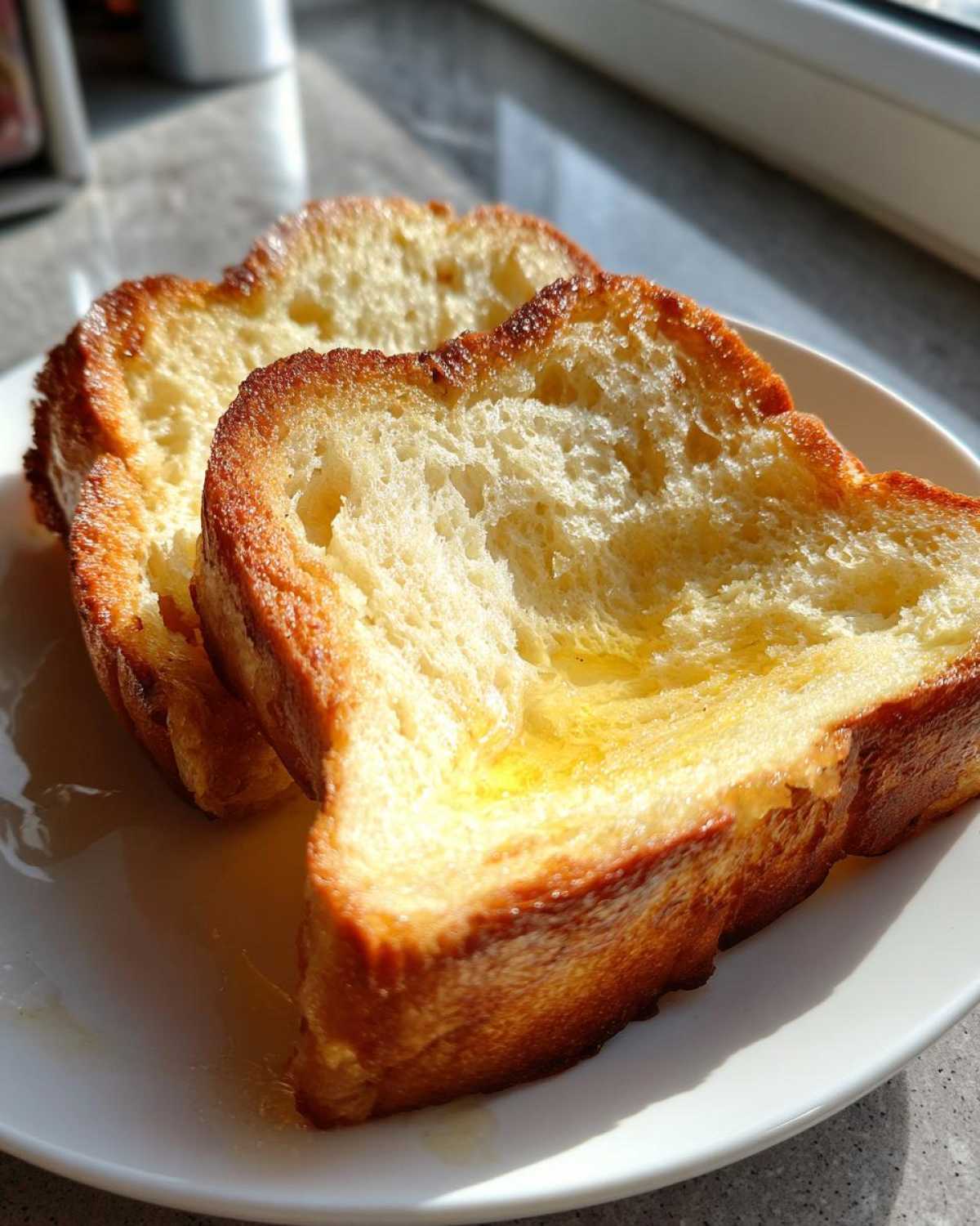 Two thick slices of golden brown easy french toast glistening with melted butter or syrup on a white plate.