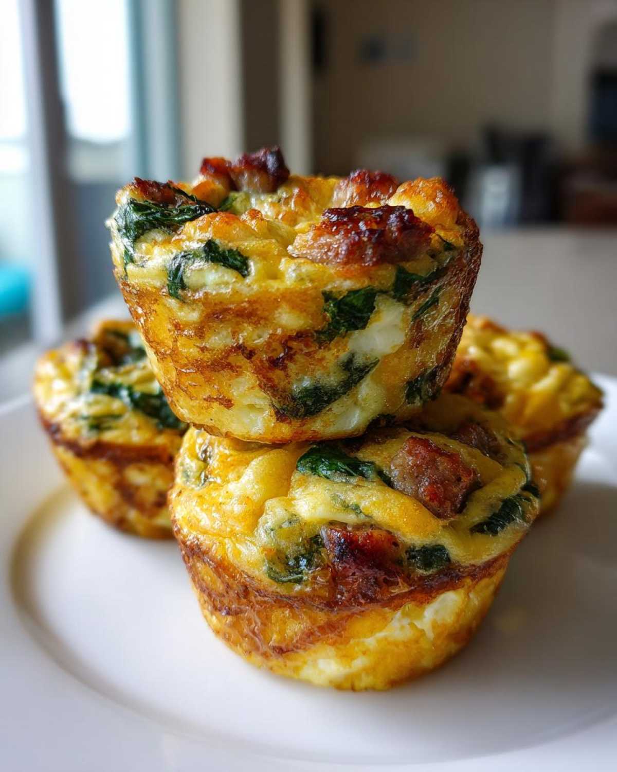 Close-up of three golden brown Egg Muffin Cups stacked on a white plate, filled with spinach and sausage.