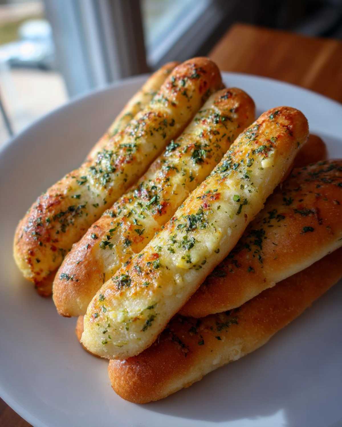 A stack of freshly baked, golden breadsticks generously topped with melted garlic butter and green parsley flakes.