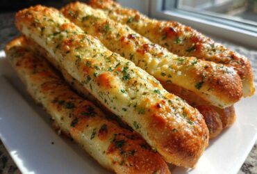 A close-up stack of golden, buttery garlic breadsticks topped with fresh parsley, ready to eat.