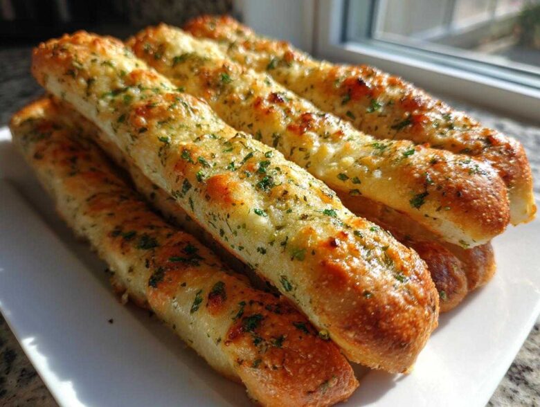 A close-up stack of golden, buttery garlic breadsticks topped with fresh parsley, ready to eat.