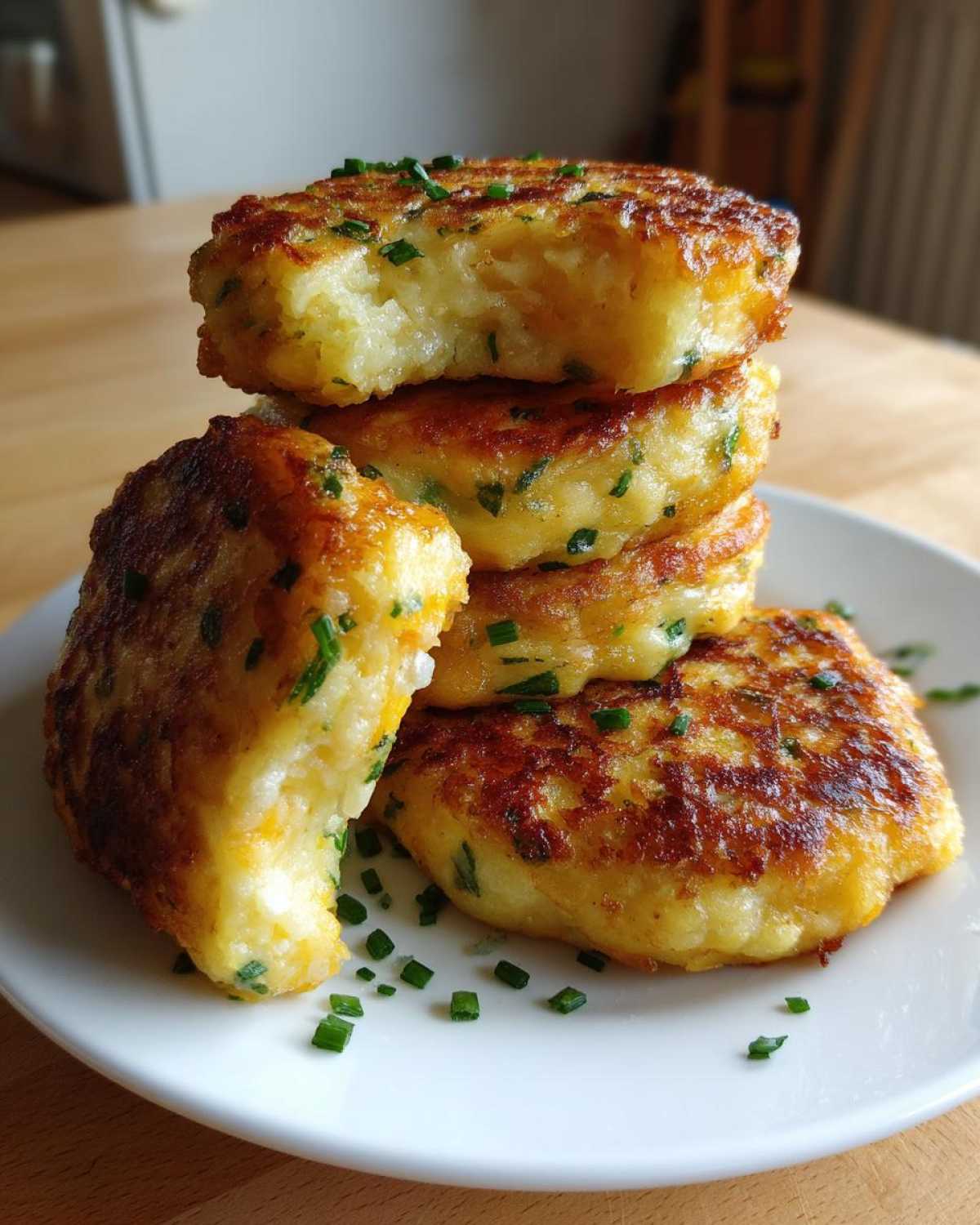 A stack of four golden brown, pan-fried mashed potato cakes garnished with fresh chives.
