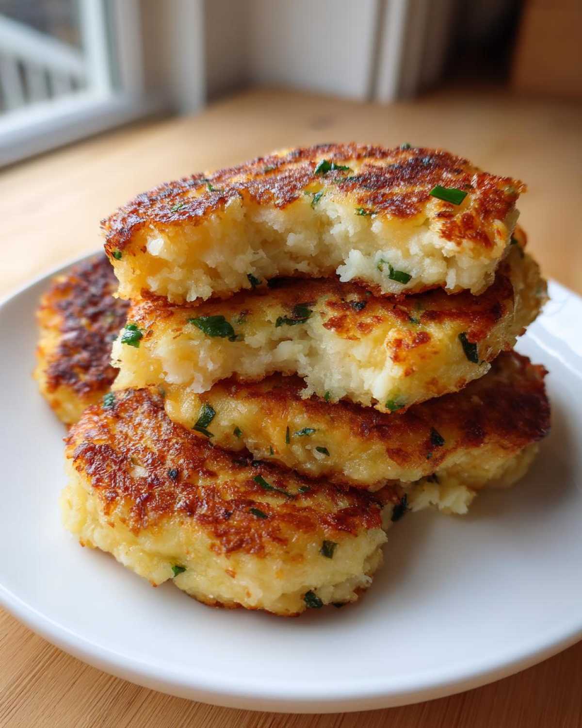 A stack of four golden brown mashed potato cakes, one broken open to show the fluffy interior with green herbs.