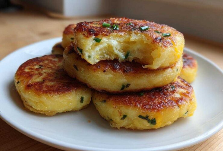 A stack of golden brown, pan-fried mashed potato cakes garnished with chives, with one cake bitten into showing the fluffy interior.