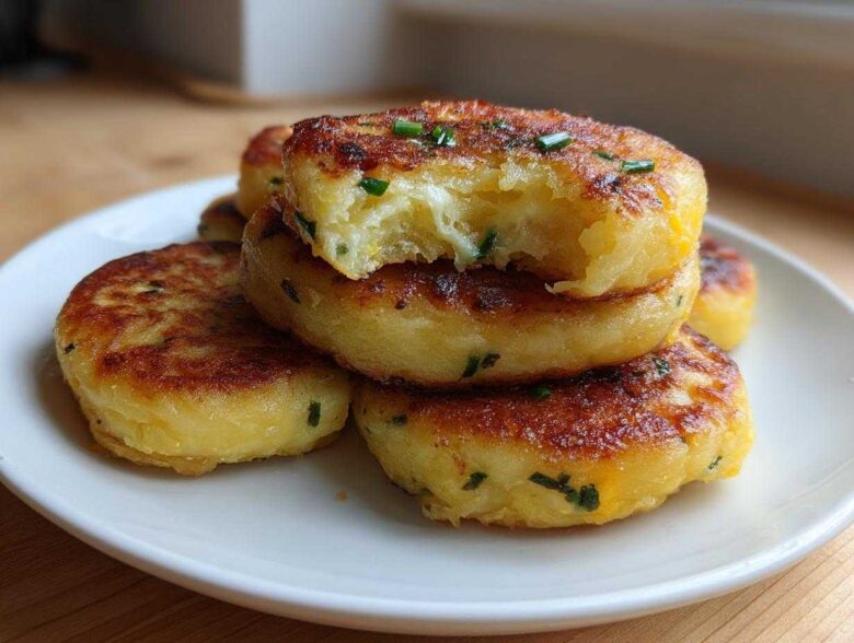 A stack of golden brown, pan-fried mashed potato cakes garnished with chives, with one cake bitten into showing the fluffy interior.