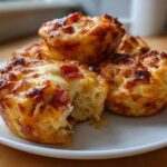 Close-up of four golden brown pizza muffins on a white plate, one muffin has a bite taken out showing the soft interior.