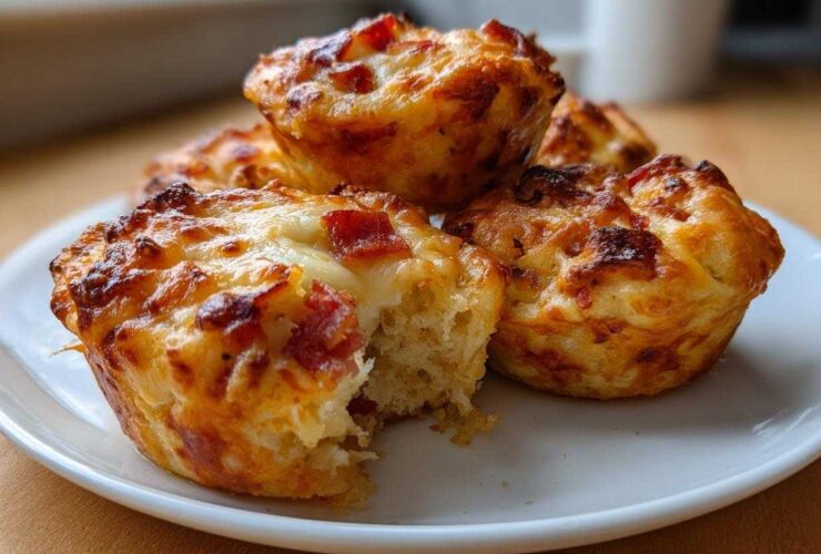 Close-up of four golden brown pizza muffins on a white plate, one muffin has a bite taken out showing the soft interior.