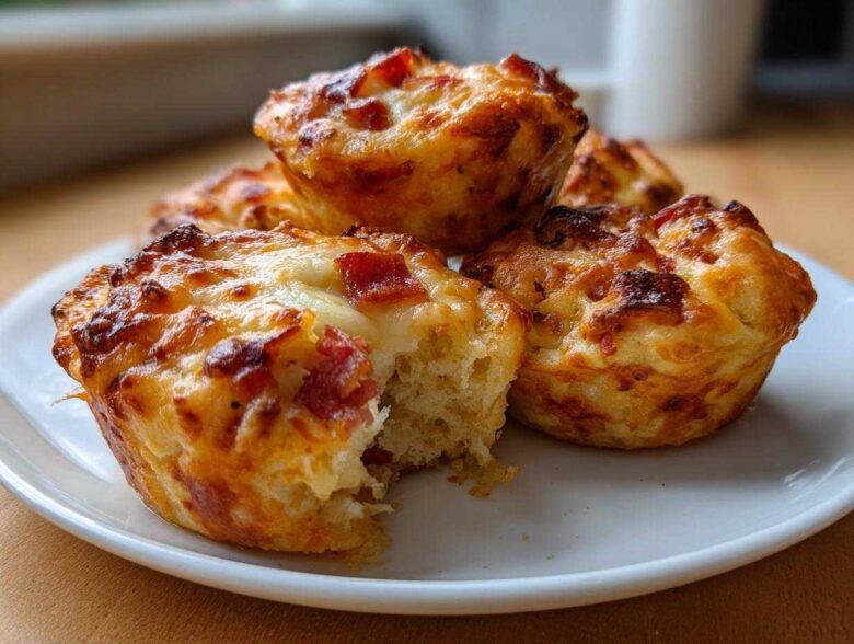 Close-up of four golden brown pizza muffins on a white plate, one muffin has a bite taken out showing the soft interior.