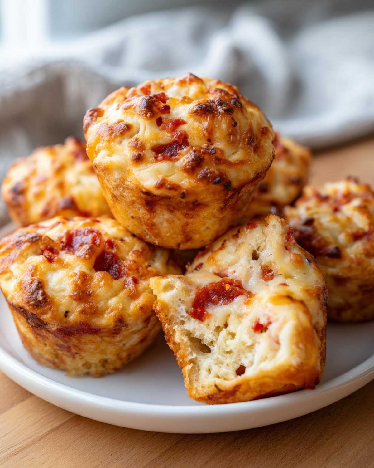 A close-up of several golden brown Pizza Muffins, one broken open to show the soft interior with cheese and tomato bits.