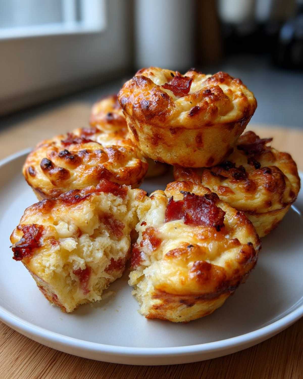 A stack of golden brown pizza muffins, one split open showing the cheesy interior with pepperoni pieces.