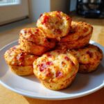 A stack of freshly baked, golden brown pizza muffins topped with melted cheese and pepperoni pieces.