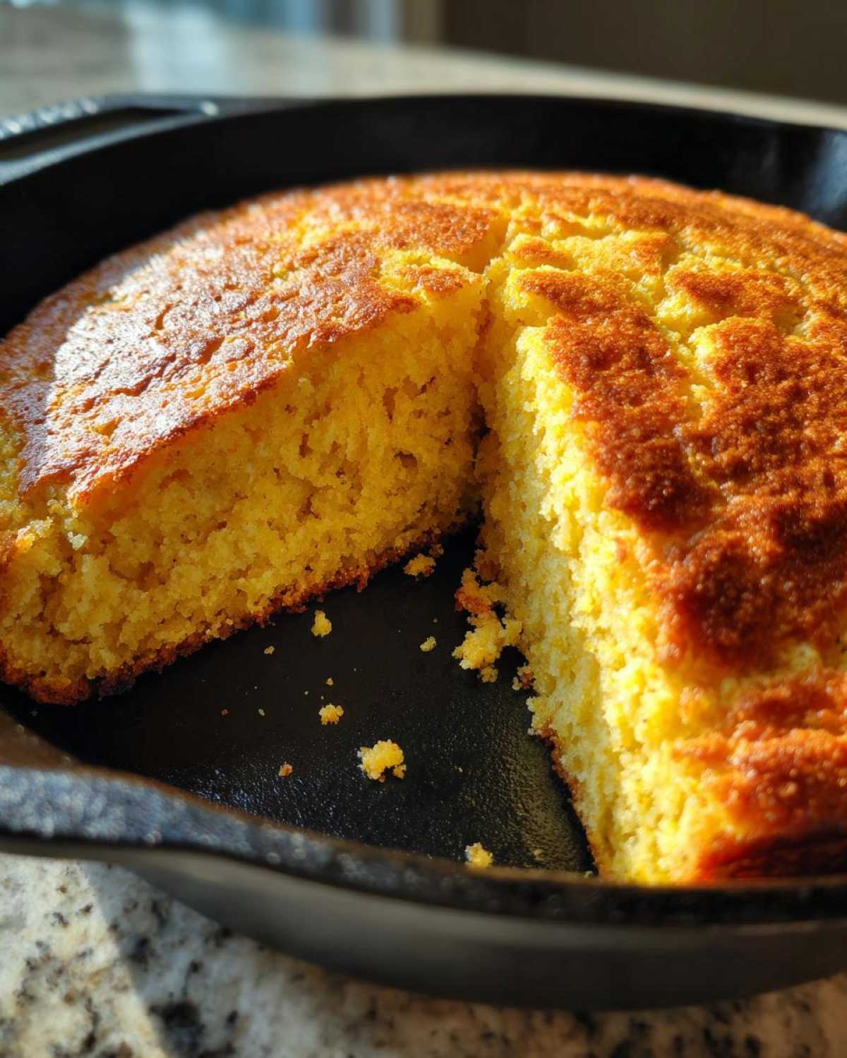 A golden brown, freshly baked skillet cornbread with one piece cut out, showing its moist texture.