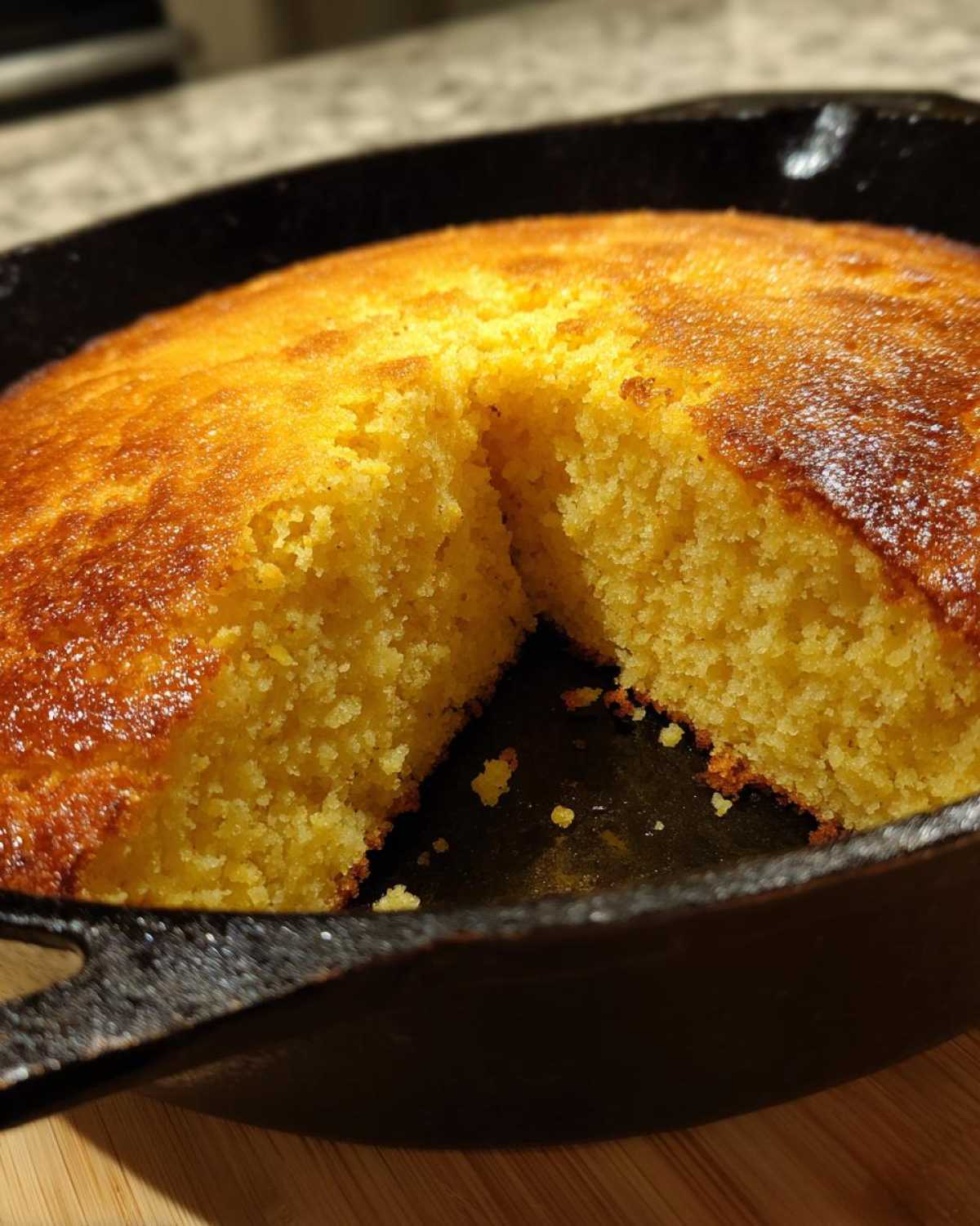 Close-up of golden brown skillet cornbread in a cast iron pan with one wedge cut out, showing the crumb.