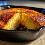 Close-up of golden brown skillet cornbread in a cast iron pan with one slice cut out.