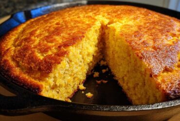 Close-up of golden brown skillet cornbread, showing a slice cut out to reveal the moist interior.