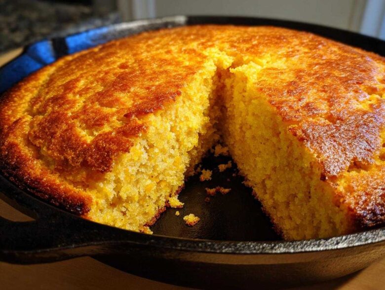 Close-up of golden brown skillet cornbread, showing a slice cut out to reveal the moist interior.