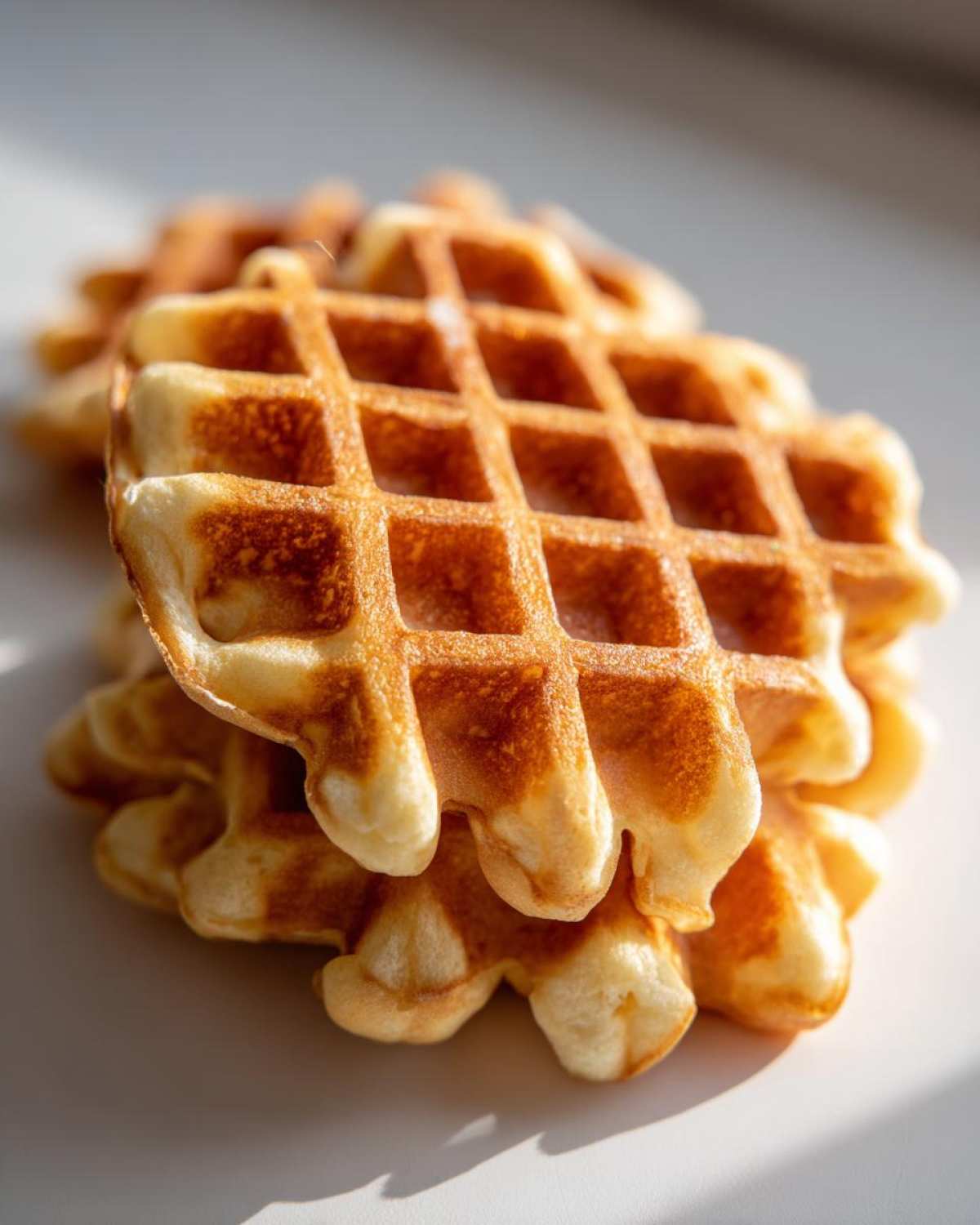 Close-up of a stack of golden brown, freshly made high protein waffles catching the sunlight.