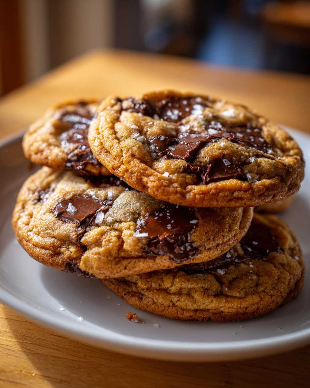 Close-up of a stack of four gooey chocolate chip cookies sprinkled with flaky sea salt.