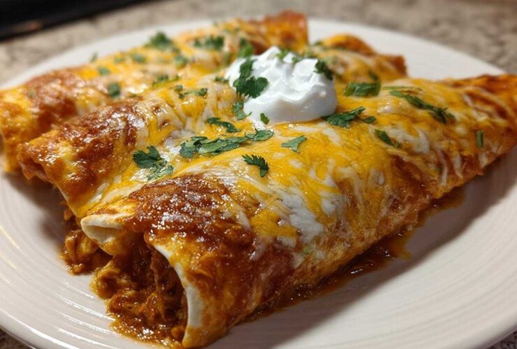 Close-up of two baked green chile chicken enchiladas covered in melted cheese, sauce, and sour cream.