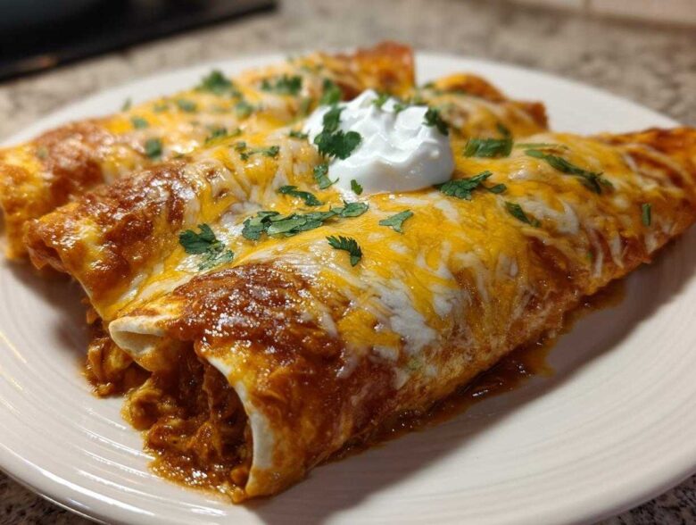 Close-up of two baked green chile chicken enchiladas covered in melted cheese, sauce, and sour cream.