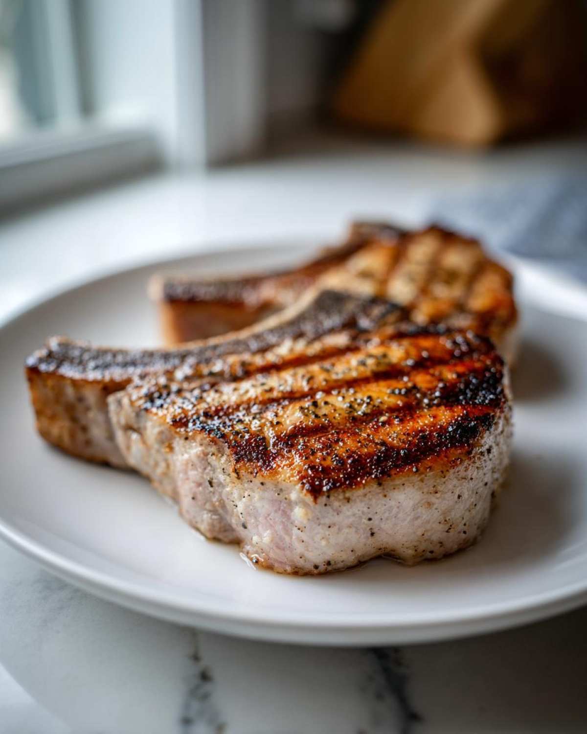Two thick, grilled bone-in pork chops seasoned with pepper, showing grill marks, ready to eat after using the marinade for pork chops.