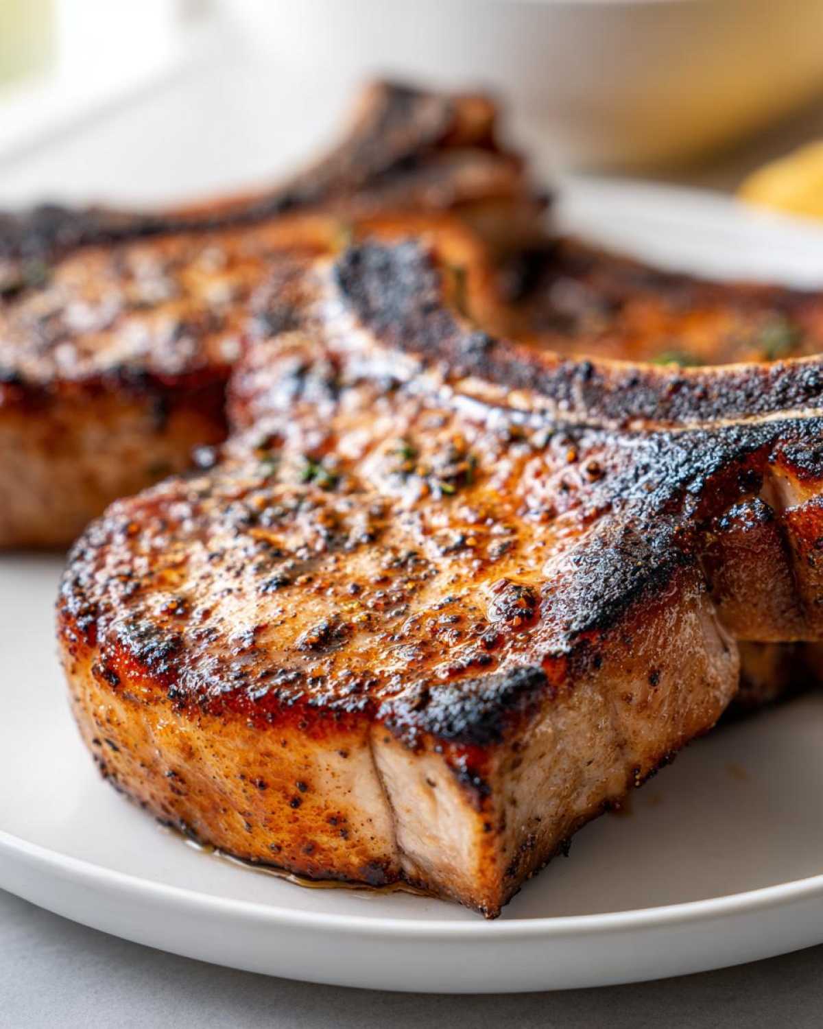 Close-up of thick, juicy pork chops grilled to perfection, showing a nice sear from the marinade for pork chops.
