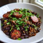 A close-up of hearty black beans and rice topped with seared sausage slices and fresh cilantro.