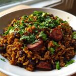 A close-up of hearty black beans and rice mixed with slices of sausage and topped with fresh cilantro.