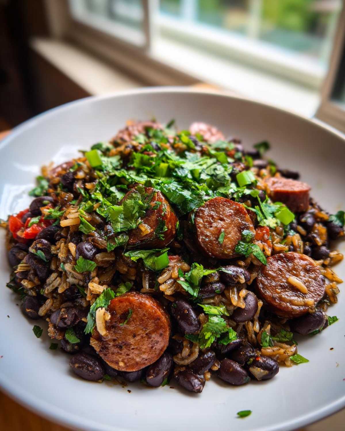 A close-up of a bowl of hearty black beans and rice mixed with sliced sausage and topped with fresh cilantro.