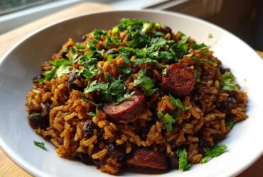 A close-up of hearty black beans and rice mixed with slices of sausage and topped with fresh cilantro.