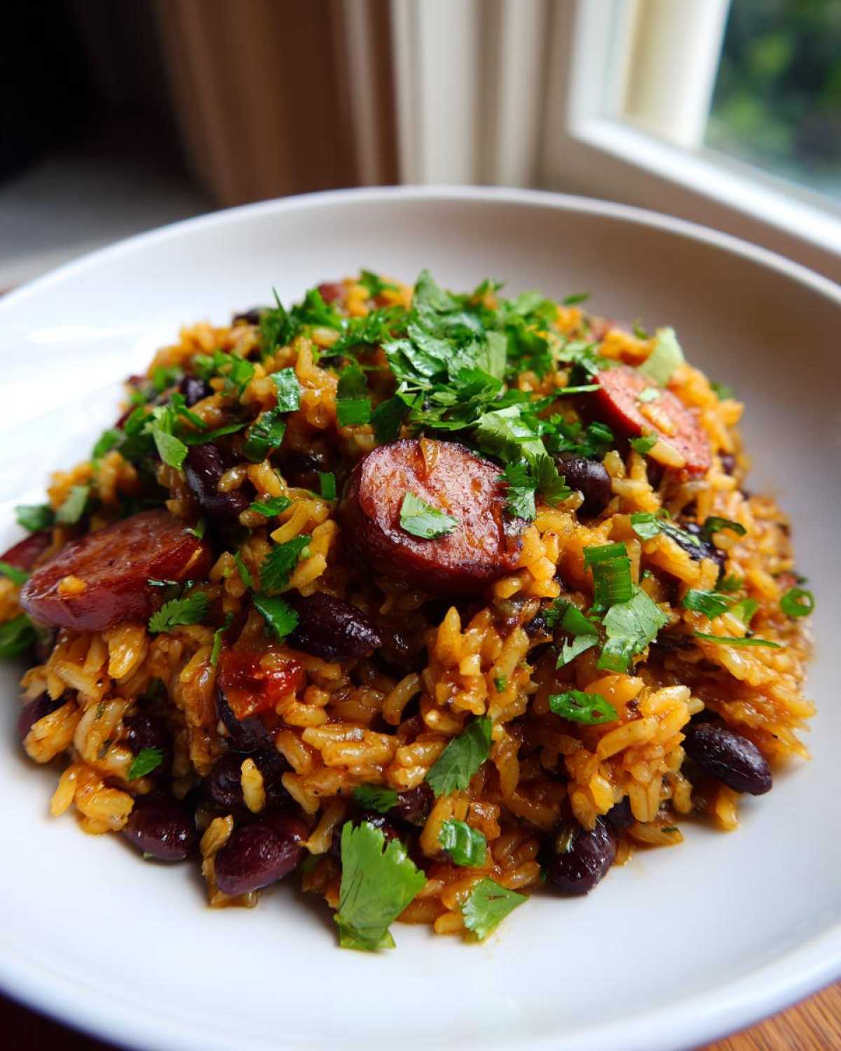 A close-up of a bowl of savory black beans and rice mixed with sliced sausage and topped with fresh cilantro.