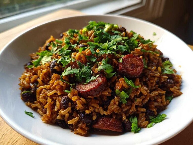 A close-up of hearty black beans and rice mixed with slices of sausage and topped with fresh cilantro.
