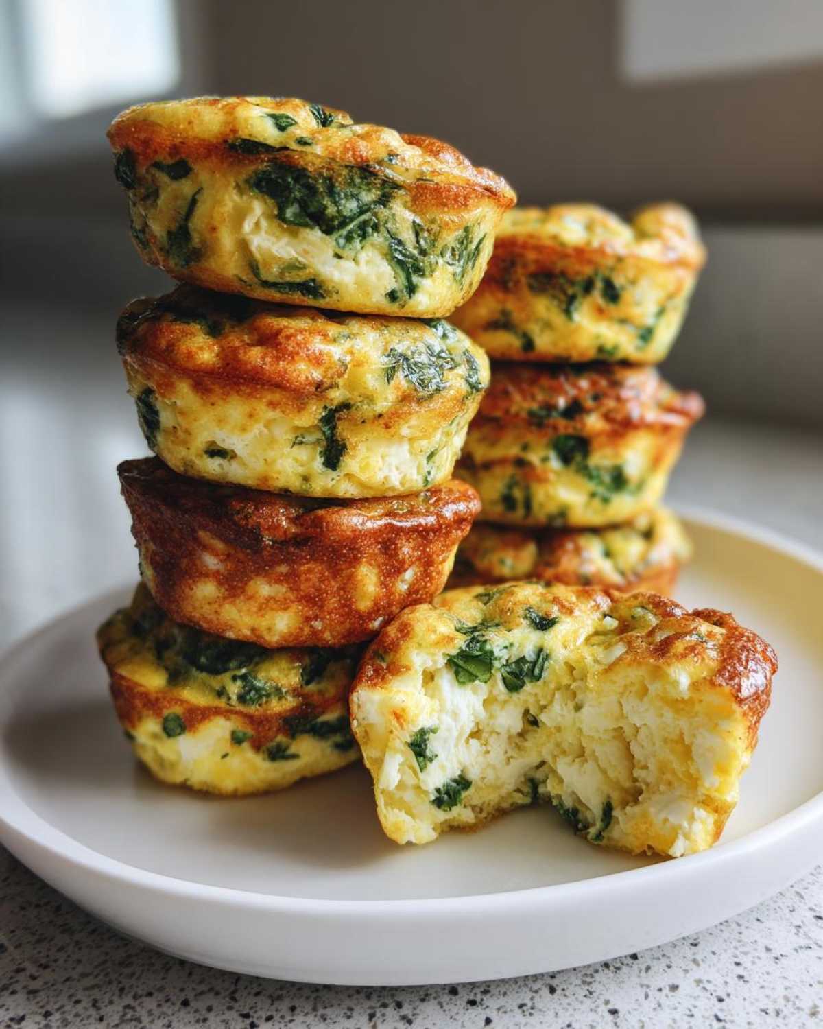 A stack of golden-brown, high-protein egg bites filled with green spinach, with one bite taken out to show the fluffy interior.