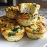 A stack of golden-brown, high-protein egg bites mixed with visible green spinach pieces.