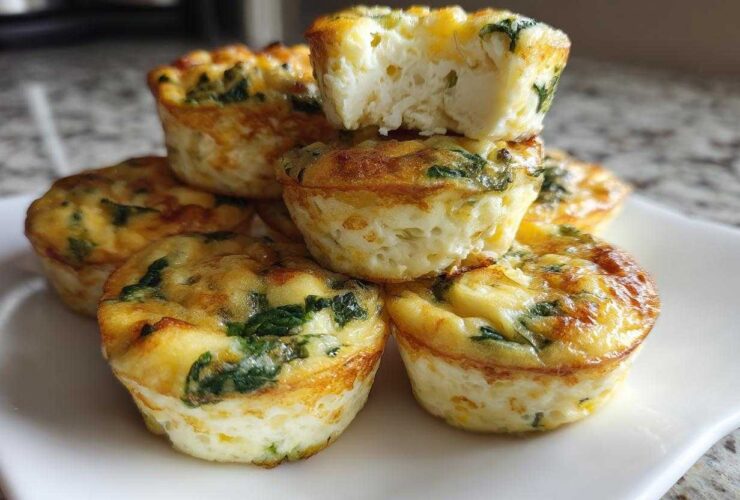A stack of golden-brown, high-protein egg bites mixed with visible green spinach pieces.