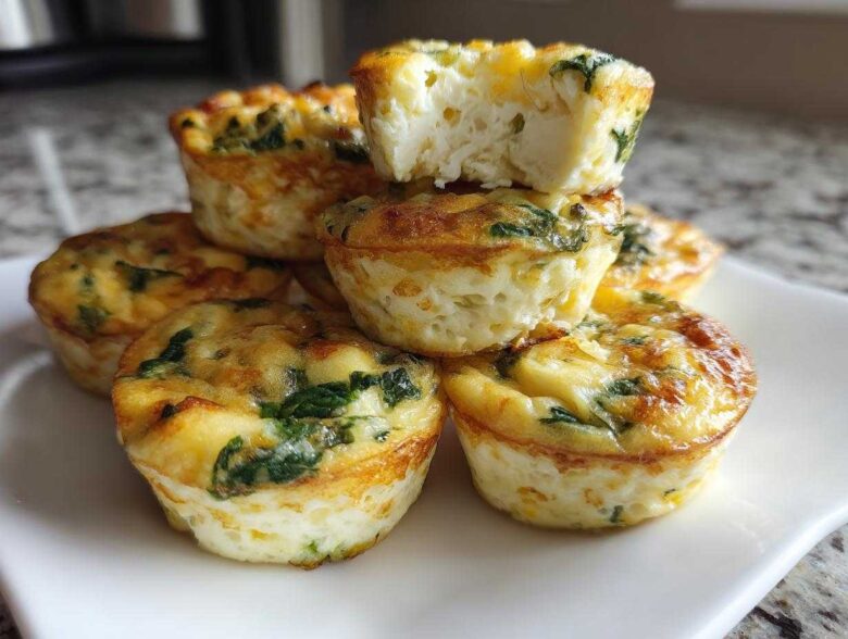 A stack of golden-brown, high-protein egg bites mixed with visible green spinach pieces.