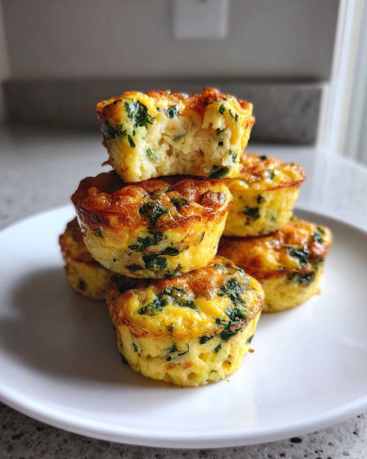 A stack of five golden-brown, high-protein egg bites filled with green spinach on a white plate.