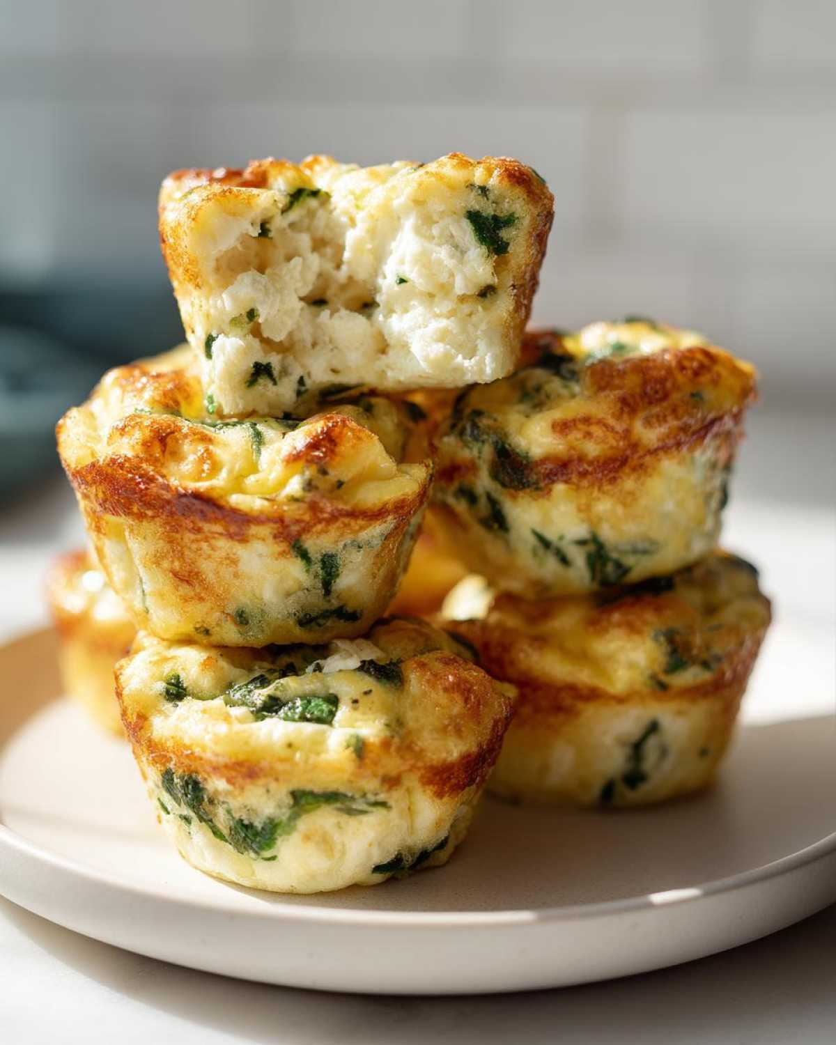 A stack of golden-brown, fluffy egg bites mixed with green spinach, with one on top broken open to show the texture.