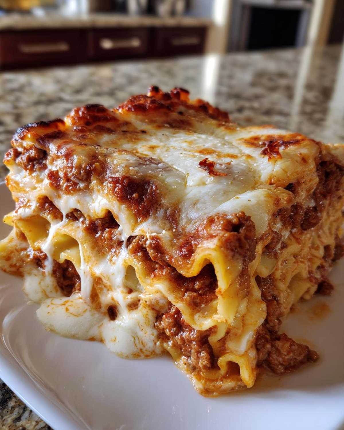 A close-up of a tall, cheesy slice of homemade lasagna with rich meat sauce layers.