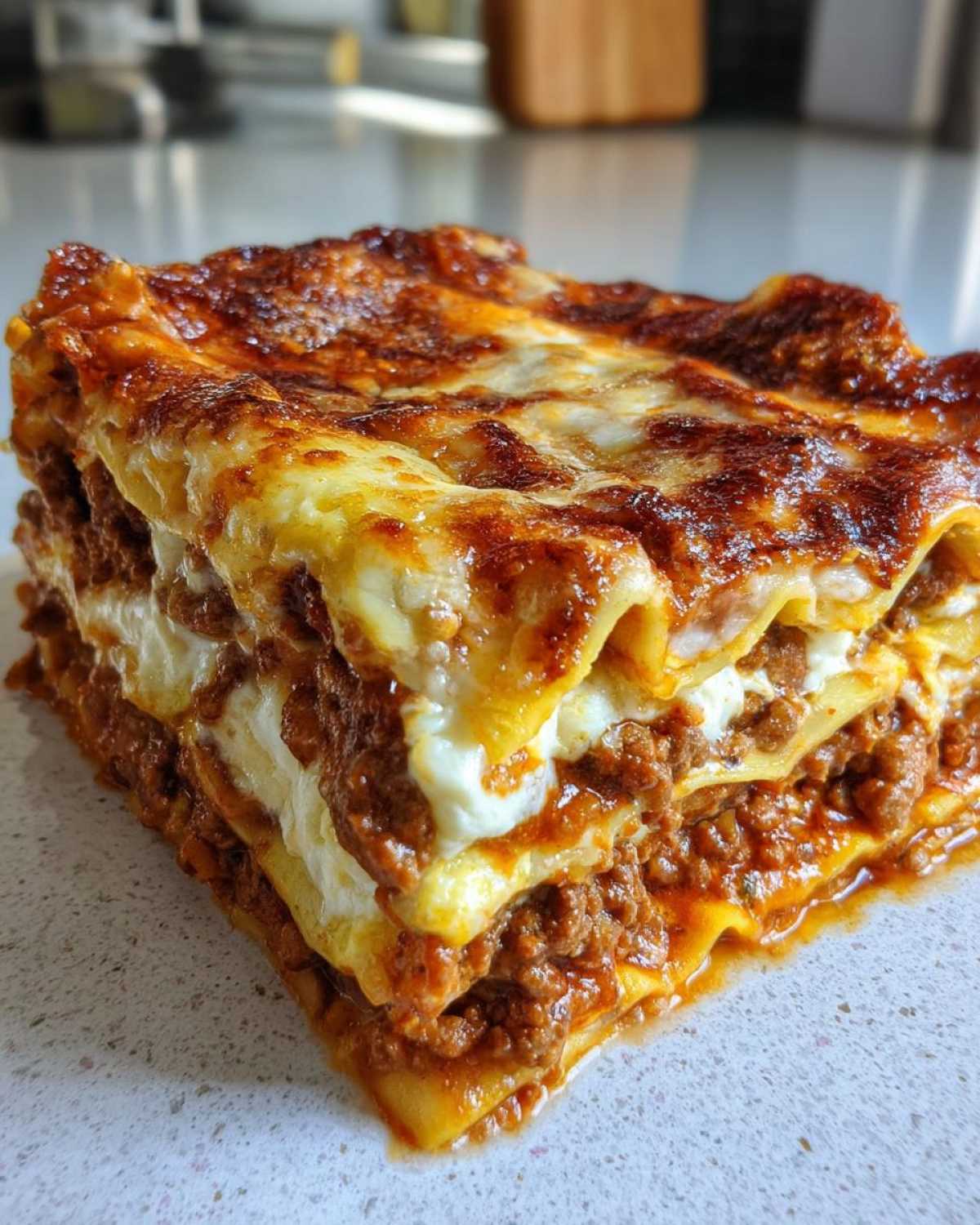 Close-up of a thick, layered slice of homemade lasagna showing rich meat sauce and creamy white cheese filling.