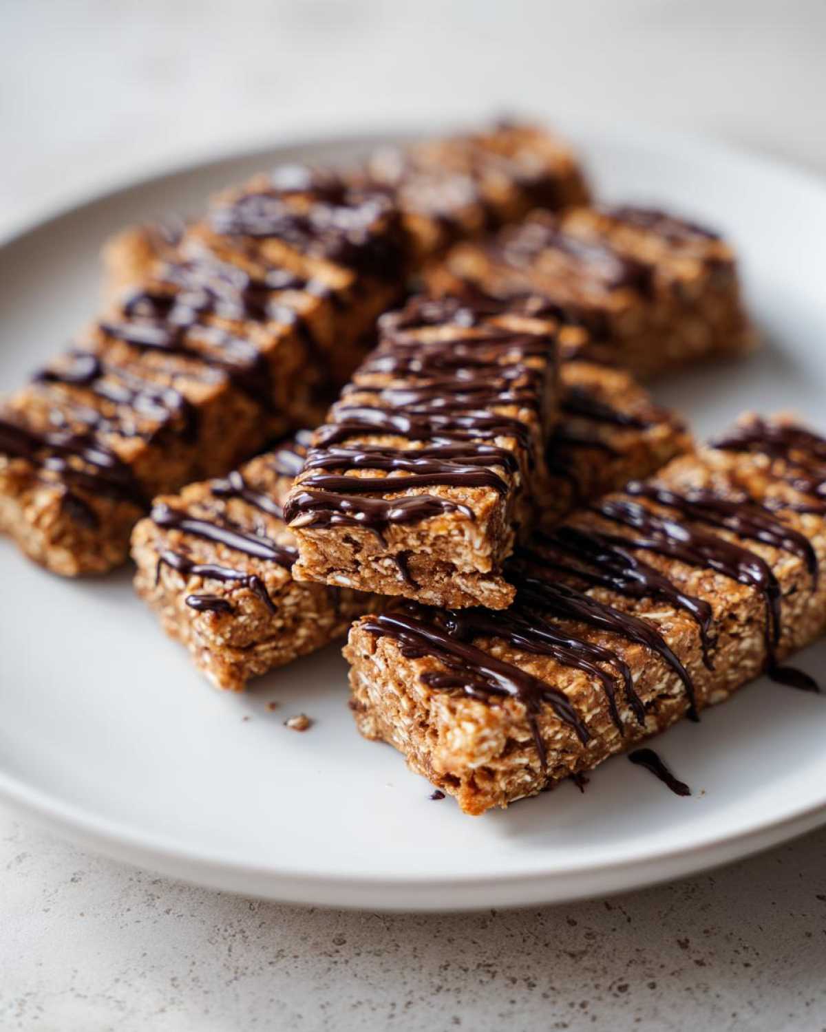 A stack of homemade, chewy protein bars drizzled generously with dark chocolate on a light plate.