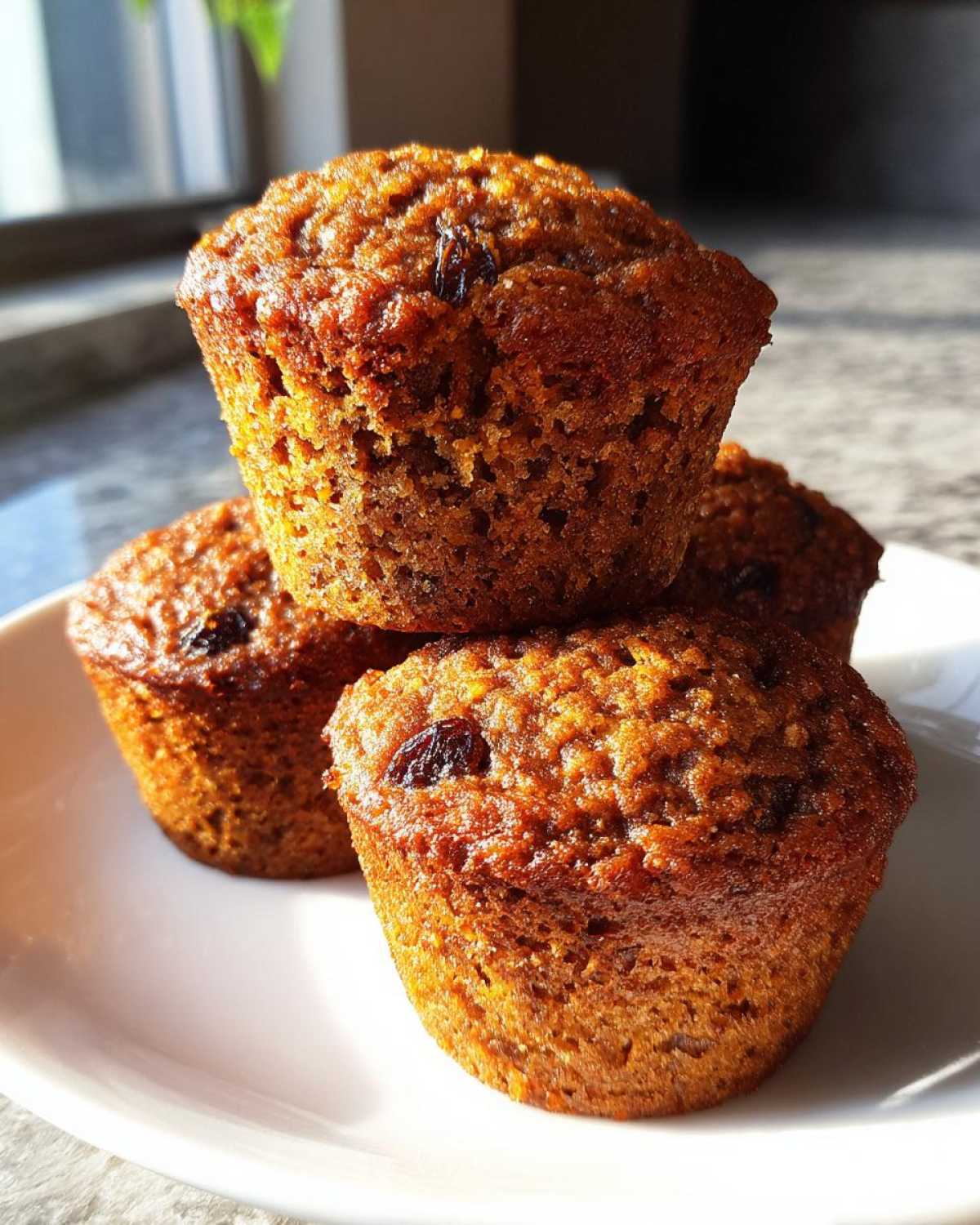 Close-up of three golden brown honey bran muffins stacked on a white plate, featuring visible raisins.